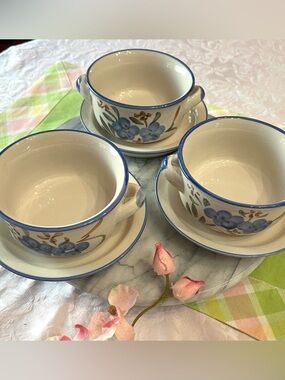 VTG PMC ChiKaing Hand-Painted Stoneware Soup Bowls/Saucers 3 Sets Blue Floral